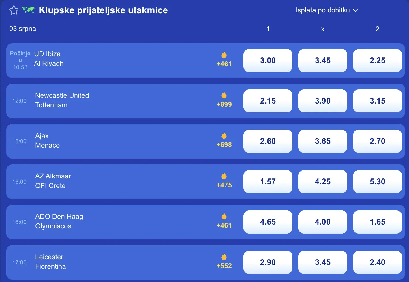 Prijateljske nogometne utakmice 3. kolovoza s kvotama za UD Ibiza, Newcastle, Ajax, AZ Alkmaar, ADO Den Haag i Leicester